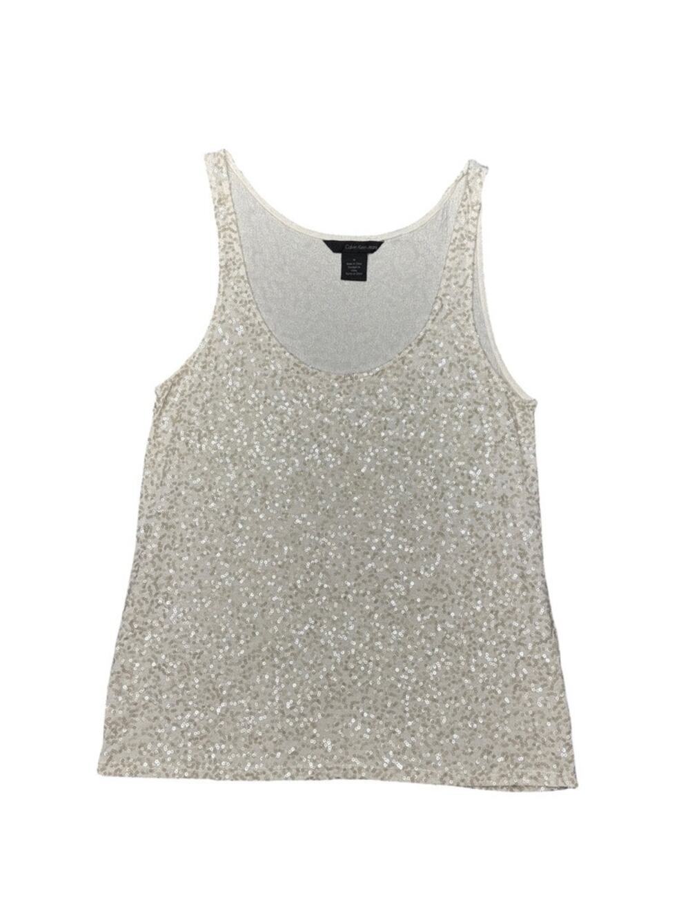 Calvin Klein Cream Silver Bling Sequin Embellished y2k Tank Top Medium